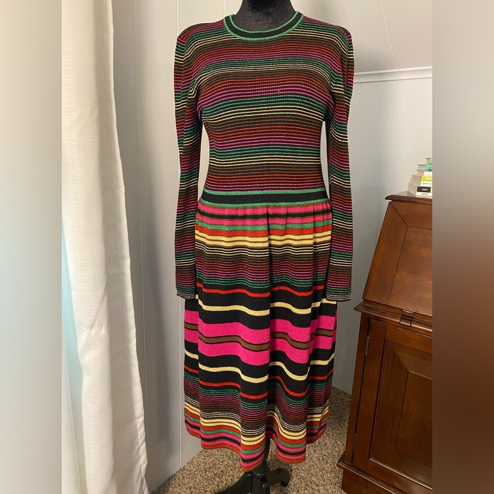 Trina Turk Striped Metallic Crew Neck Long Sleeve Ikagai Wool Sweater Dress